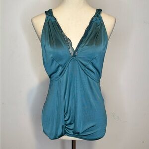 Free People Dark Green Lace Trim Satin Cami Top Y2K Boho Size S